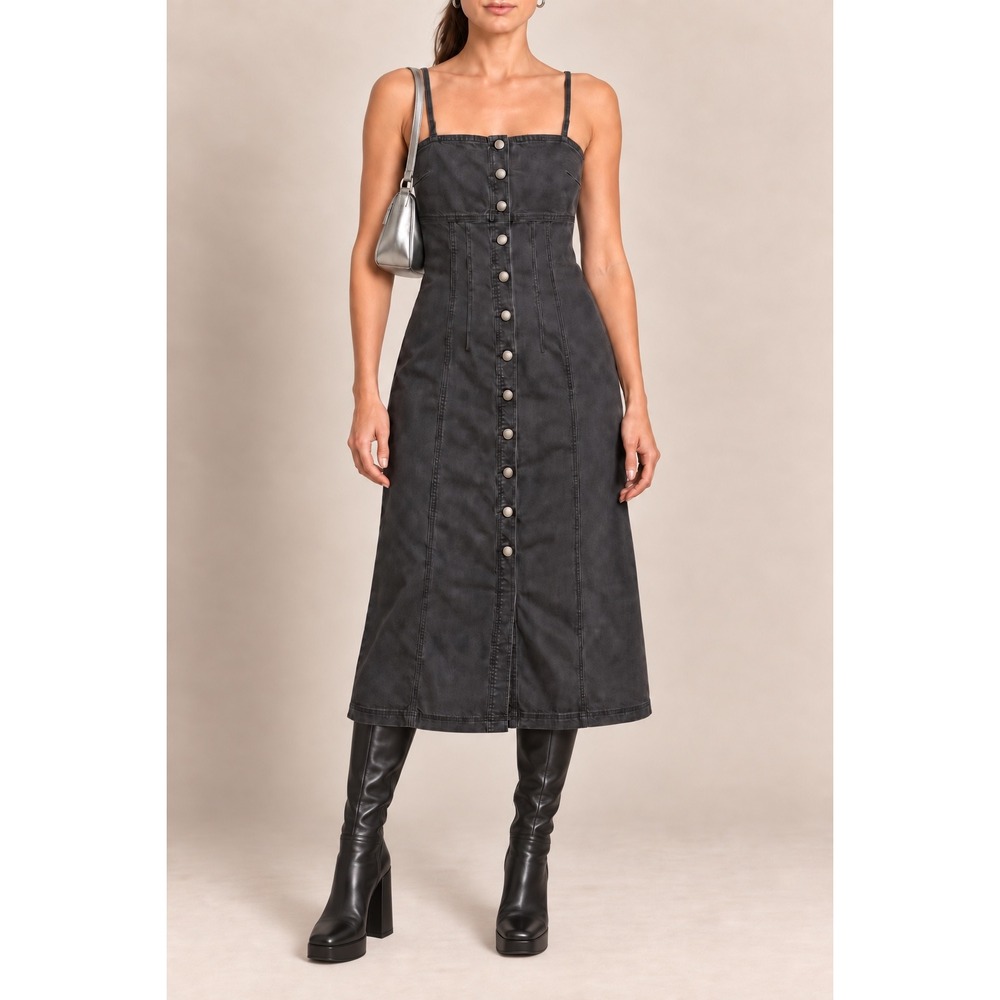 M 212 Habitual Charcoal Cotton Denim Button Midi Dress Y2K Adjustable Strap